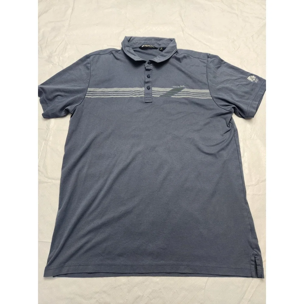 TravisMathew Polo Shirt Mens XL Blue Stripe Chest Logo Golf Pima Cotton Blend